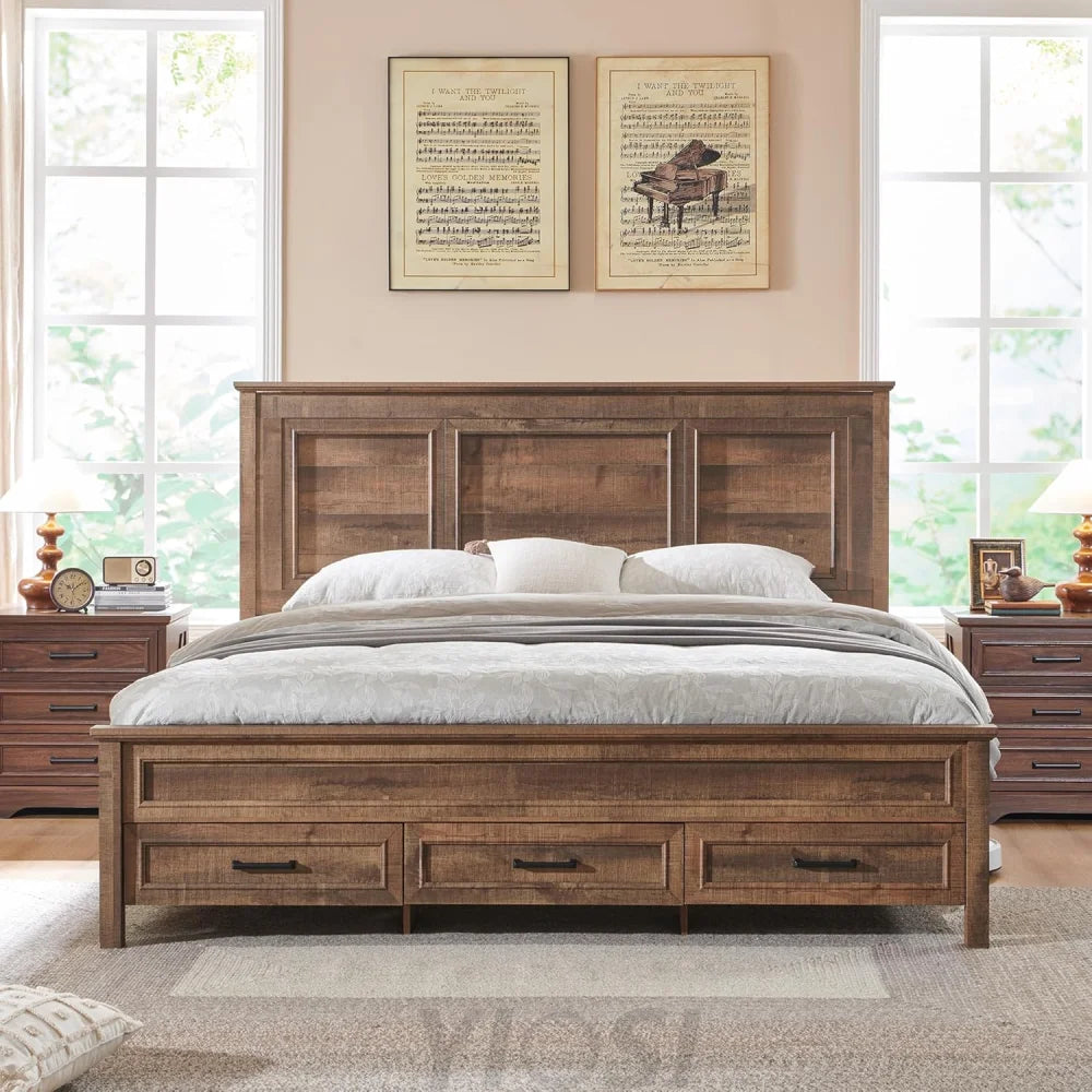 King Size Farmhouse Wood Platform Bed Frame with Storage Drawers