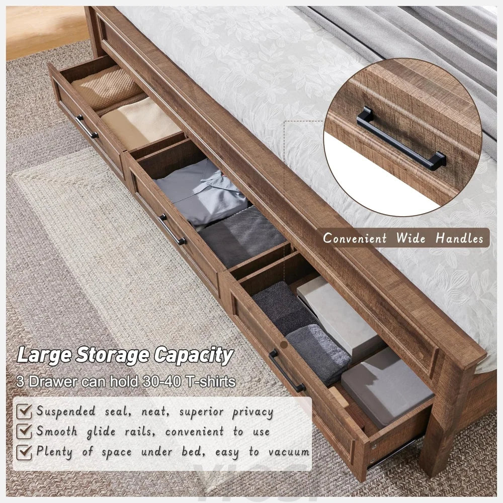 King Size Farmhouse Wood Platform Bed Frame with Storage Drawers