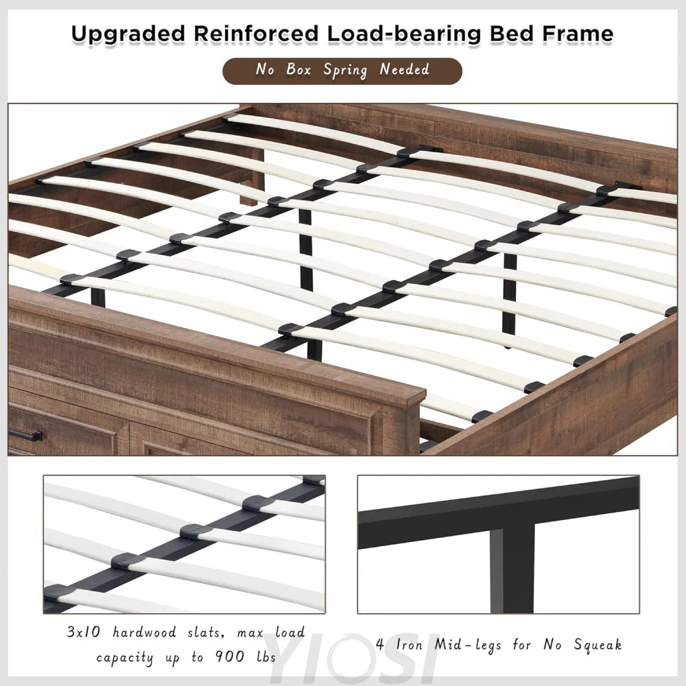 King Size Farmhouse Wood Platform Bed Frame with Storage Drawers