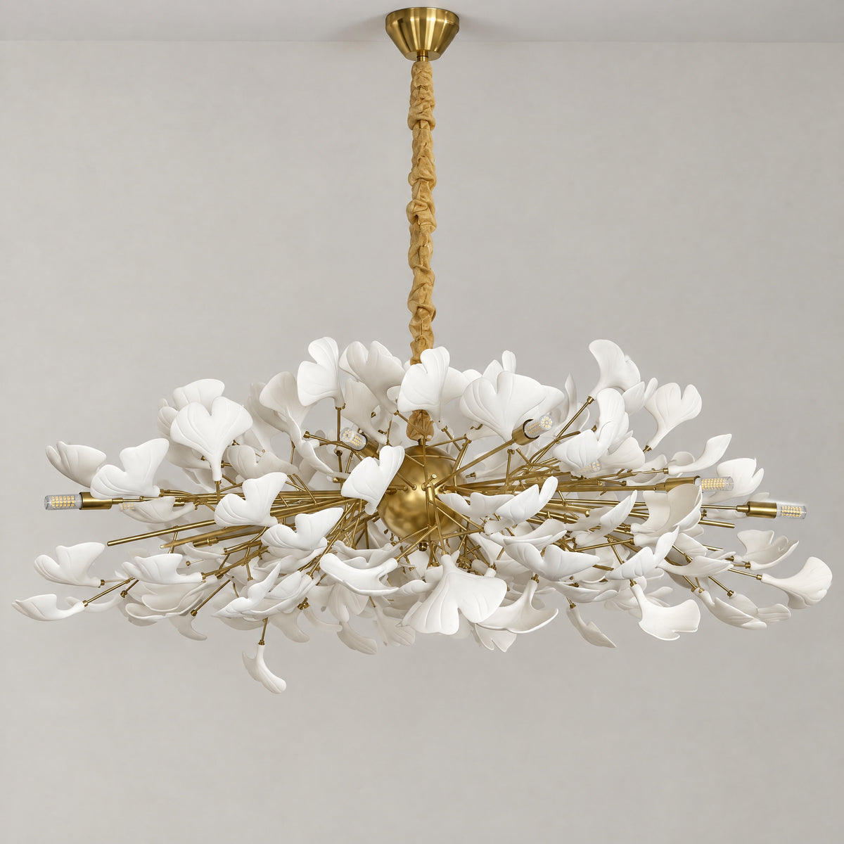 Large Ginkgo Leaf Chandelier Gold and White Pendant Light – lights off
