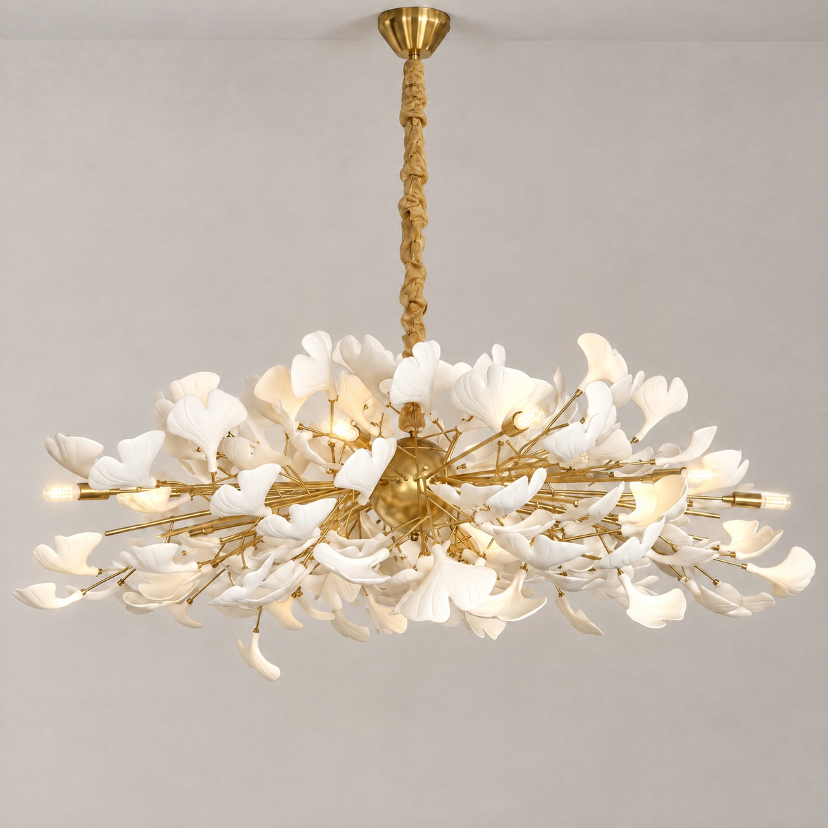Large Ginkgo Leaf Chandelier Gold and White Pendant Light – lights on