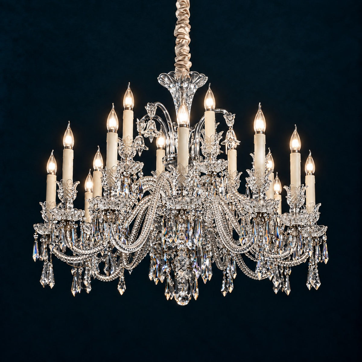 Lavessi Clear Candle Crystal 18-Light Chandelier 37" on a deep teal-blue wall