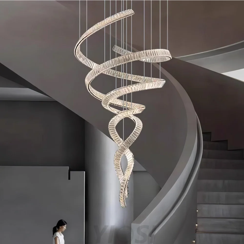 Elegant Long Spiral Crystal Chandelier with Stainless Steel Frame