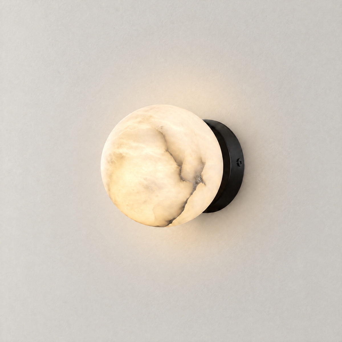 Luna Disc Compact Orb Alabaster Black Wall Sconce – lights on