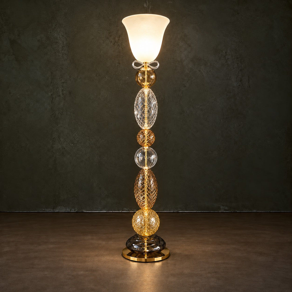 Lusetta Amber Torchiere Glass 1-Light Floor Lamp 67.7" on a dark olive wall