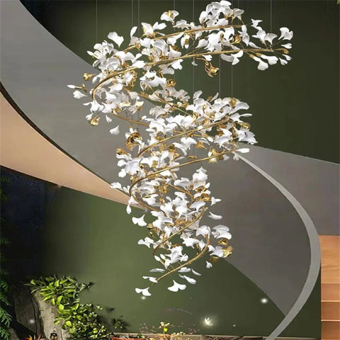 Mador Porcelain Ginkgo Petal Brass Branch Chandelier For Hallway Staircase 23.6’’L