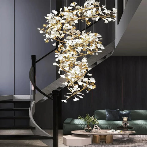 Mador Porcelain Ginkgo Petal Brass Branch Chandelier For Hallway Staircase 31.5’’L