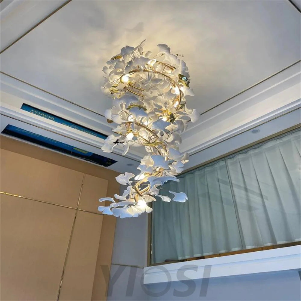 Mador Porcelain Ginkgo Petal Brass Branch Chandelier For Hallway Staircase