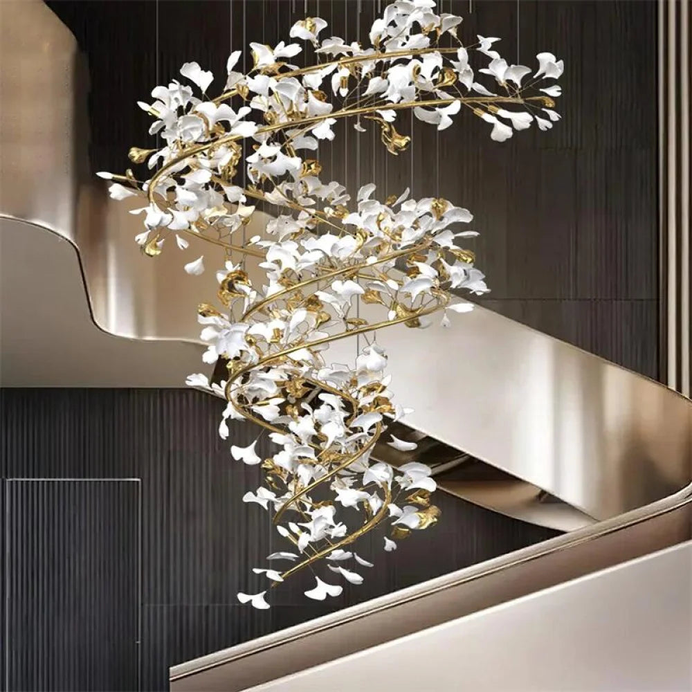 Mador Porcelain Ginkgo Petal Brass Branch Chandelier For Hallway Staircase 39.4’’