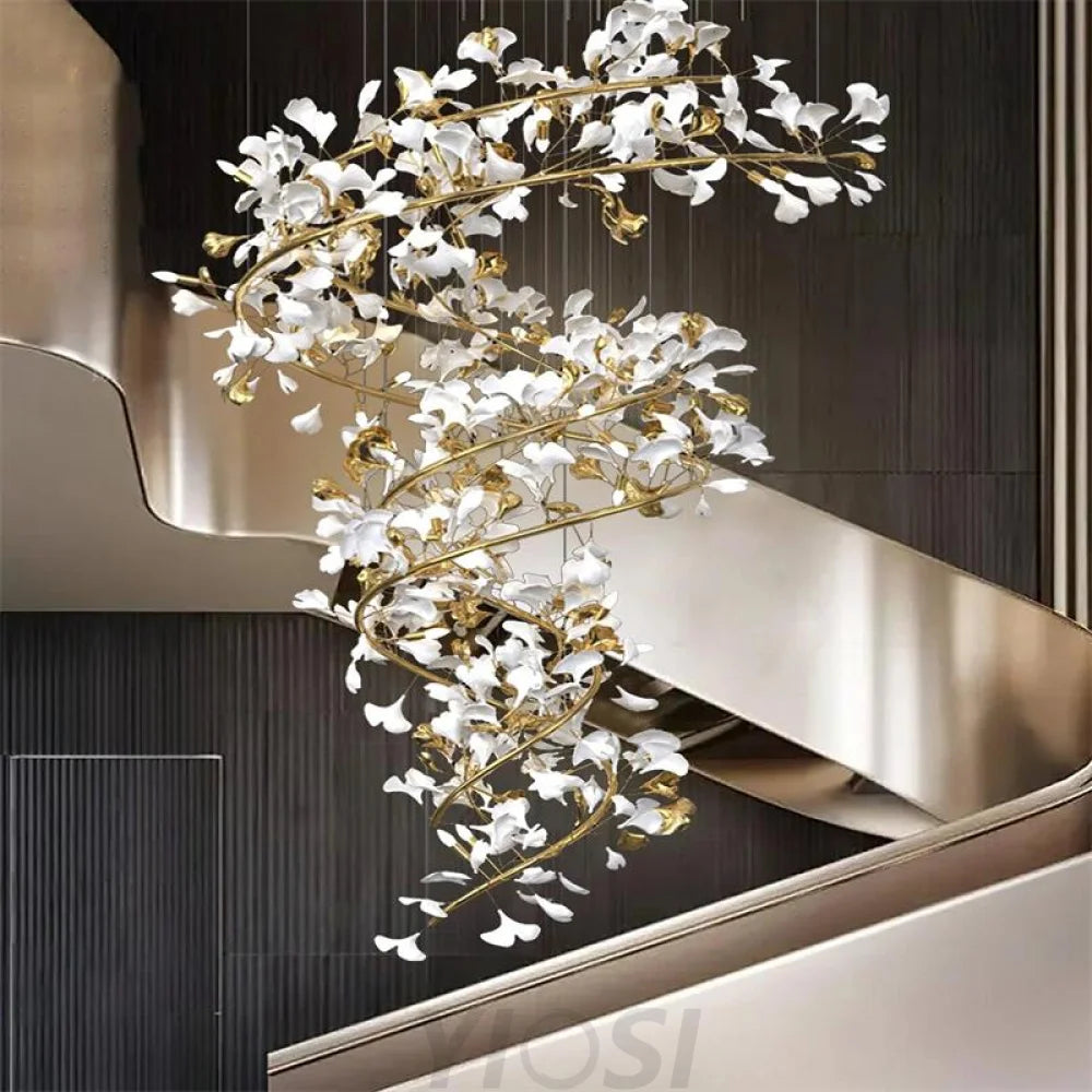 Mador Porcelain Ginkgo Petal Brass Branch Chandelier For Hallway Staircase 39.4’’