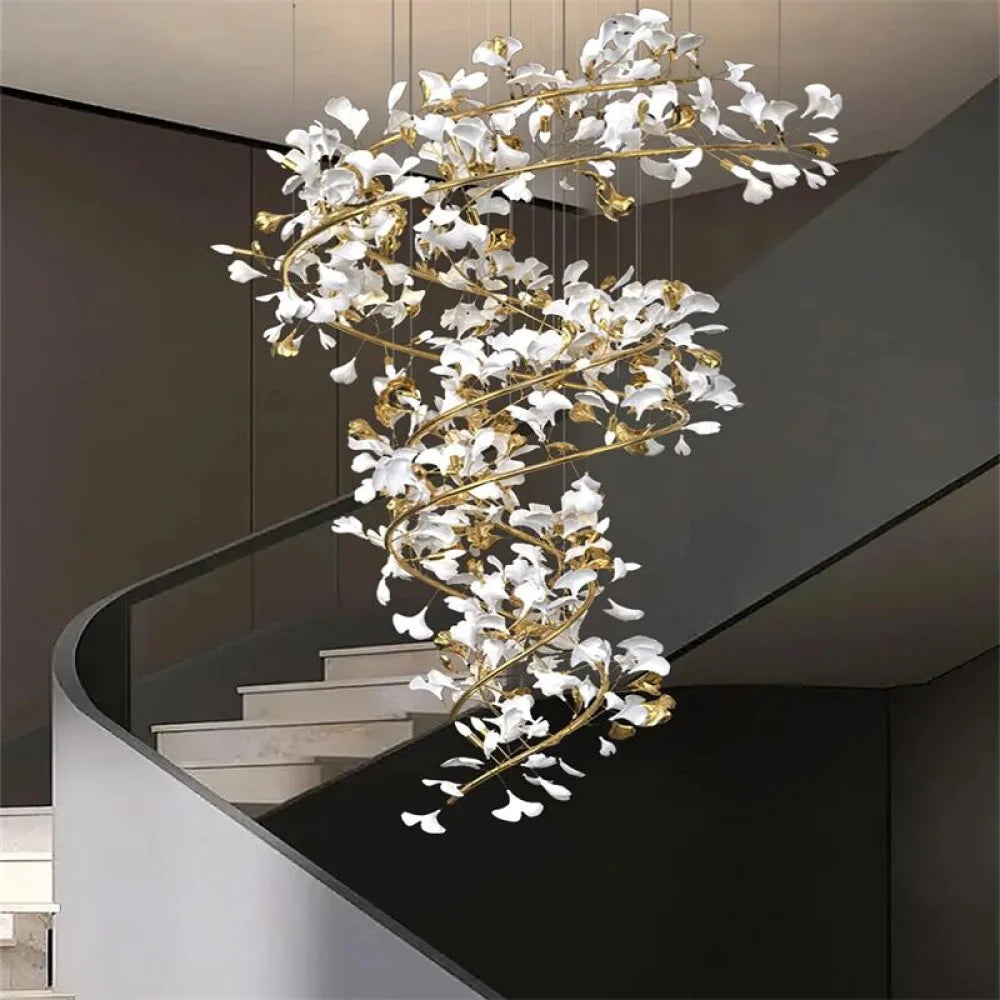 Mador Porcelain Ginkgo Petal Brass Branch Chandelier For Hallway Staircase 47.2’’