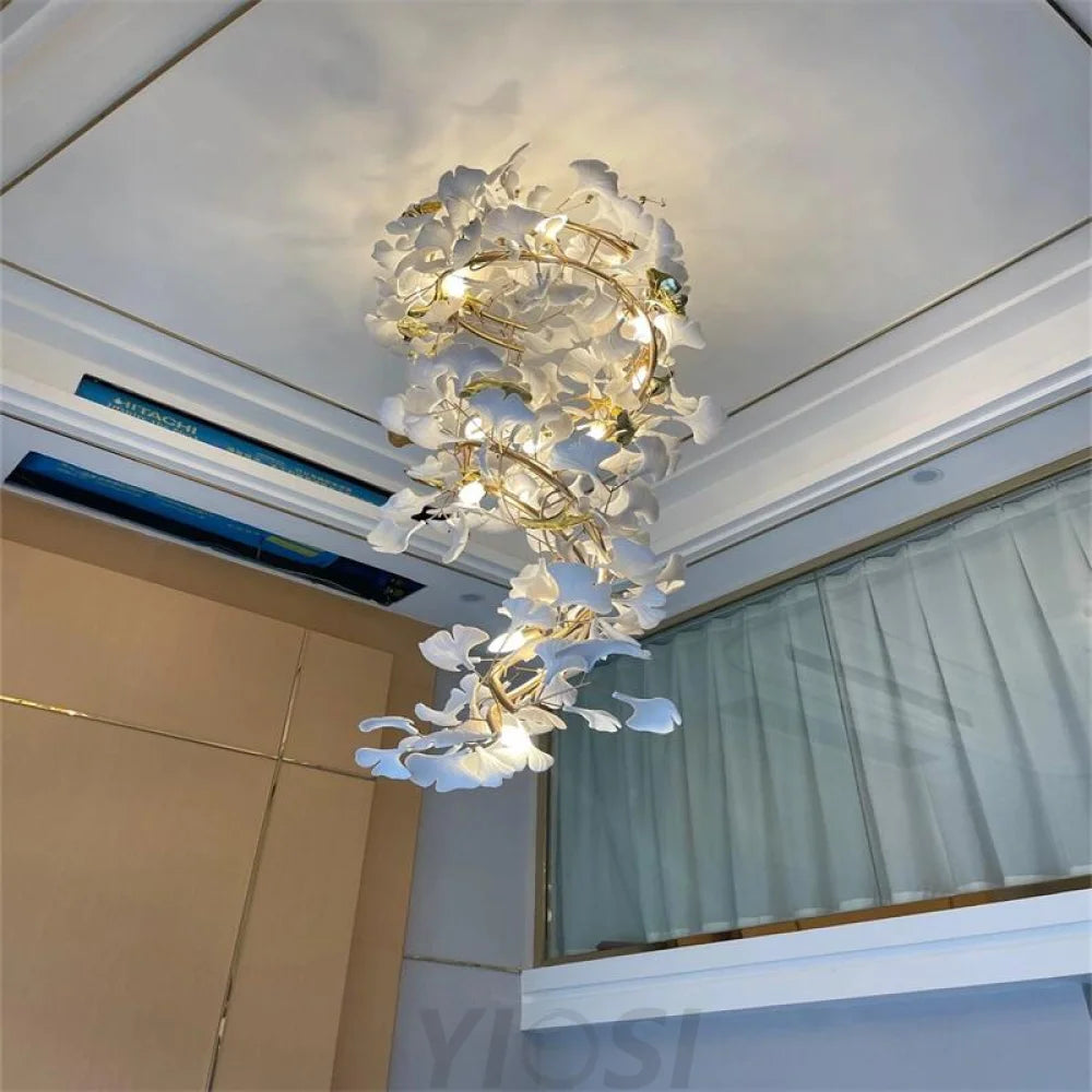 Mador Porcelain Ginkgo Petal Brass Branch Chandelier For Hallway Staircase