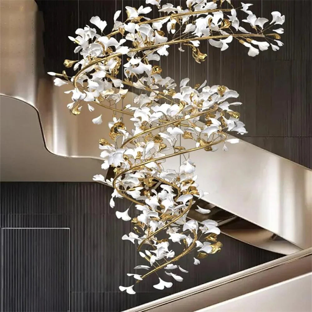 Mador Porcelain Ginkgo Petal Brass Branch Chandelier For Hallway Staircase 59’’