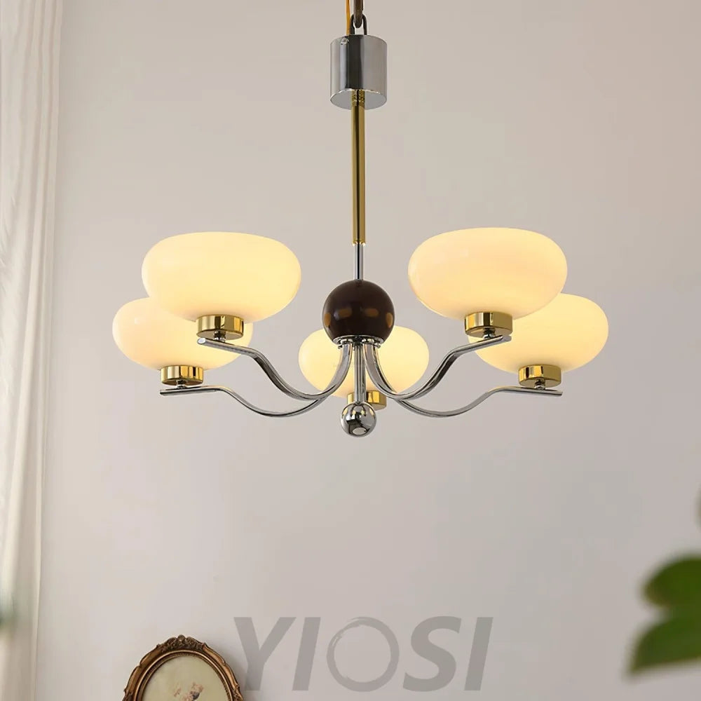 Medieval Glass Bowl Chandelier with 3/5 heads - Bend, Chrome & Gold & Creamy yellow, Chrome & Gold & Milk white, Marshmallow Chandelier-1-Yiosilamp