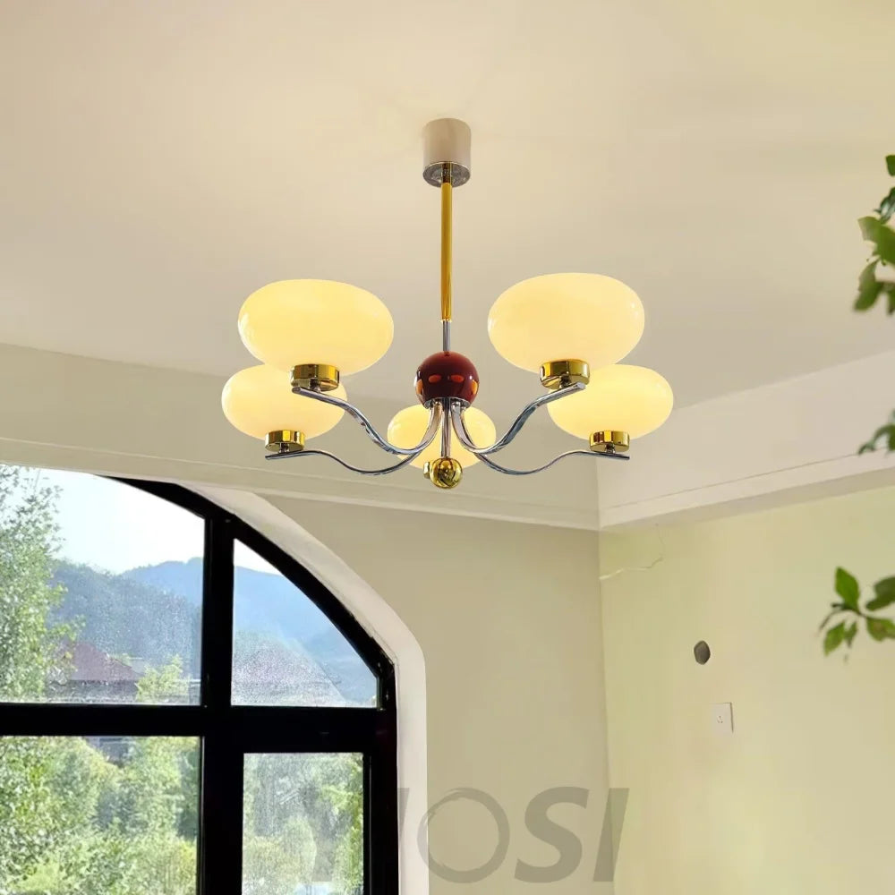 Medieval Glass Bowl Chandelier with 3/5 heads - Bend, Chrome & Gold & Creamy yellow, Chrome & Gold & Milk white, Marshmallow Chandelier-1-Yiosilamp