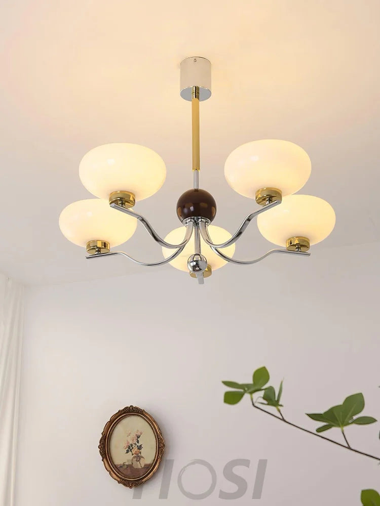 Medieval Glass Bowl Chandelier with 3/5 heads - Bend, Chrome & Gold & Creamy yellow, Chrome & Gold & Milk white, Marshmallow Chandelier-1-Yiosilamp