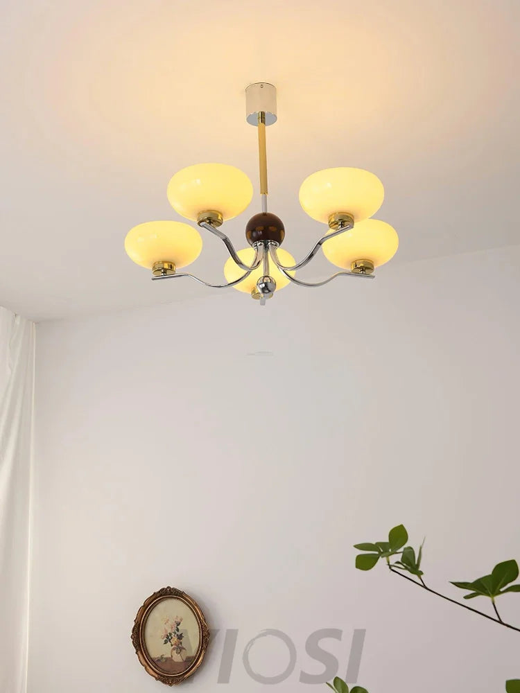 Medieval Glass Bowl Chandelier with 3/5 heads - Bend, Chrome & Gold & Creamy yellow, Chrome & Gold & Milk white, Marshmallow Chandelier-1-Yiosilamp