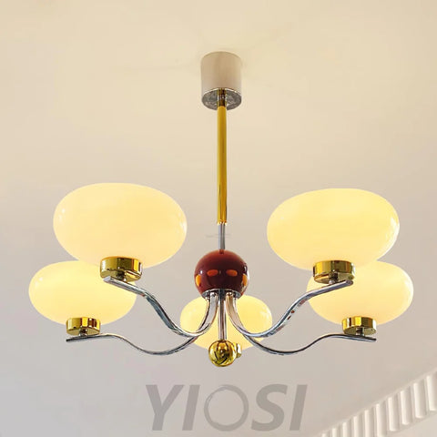 Medieval Glass Bowl Chandelier with 3/5 heads - Bend, Chrome & Gold & Creamy yellow, Chrome & Gold & Milk white, Marshmallow Chandelier-1-Yiosilamp