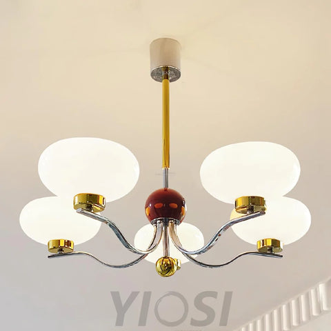 Medieval Glass Bowl Chandelier with 3/5 heads - Bend, Chrome & Gold & Creamy yellow, Chrome & Gold & Milk white, Marshmallow Chandelier-1-Yiosilamp