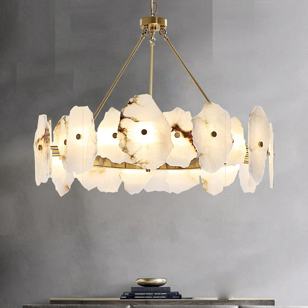 Meena Natural Alabaster Modern Round Chandelier D32’’ Chandeliers For Dining Room Stairways