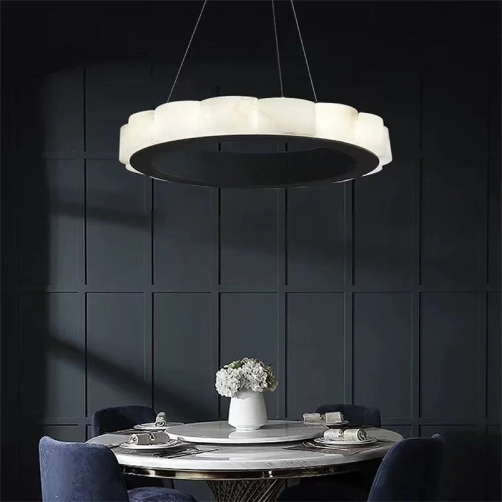 Melonie Moden Alabaster Round Chandelier Black Over Dining Table 23’’D Chandelier