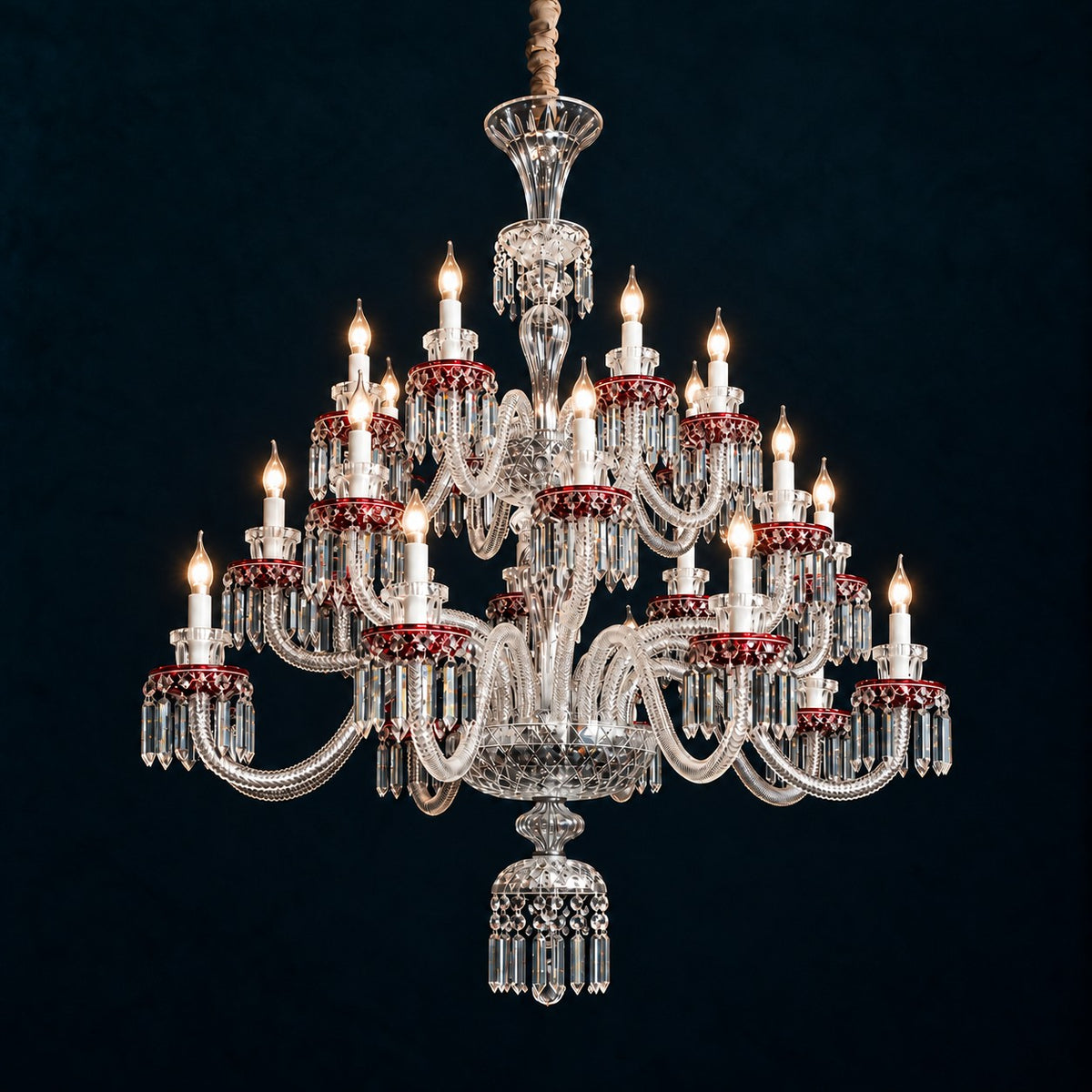 Melvora Red Accent Crystal 24-Light Chandelier 43.3" on a deep teal-blue wall