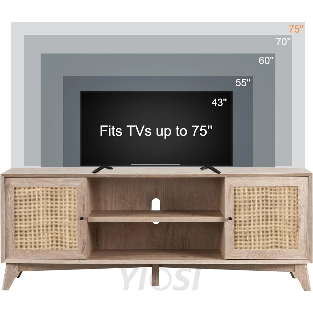 OKD Mid Century Modern TV Stand with Rattan Door for 75+ Inch TV