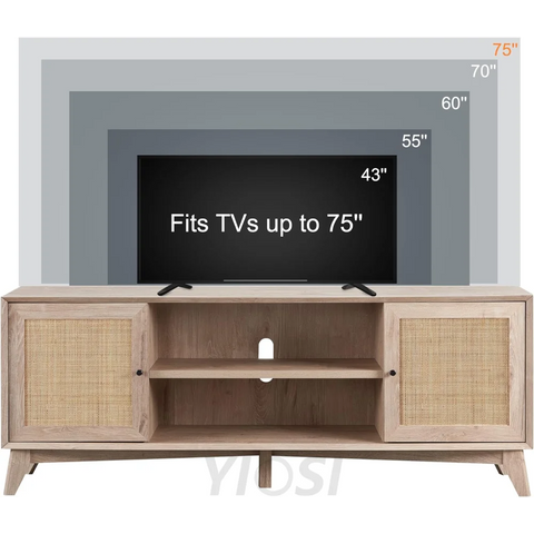 OKD Mid Century Modern TV Stand with Rattan Door for 75+ Inch TV