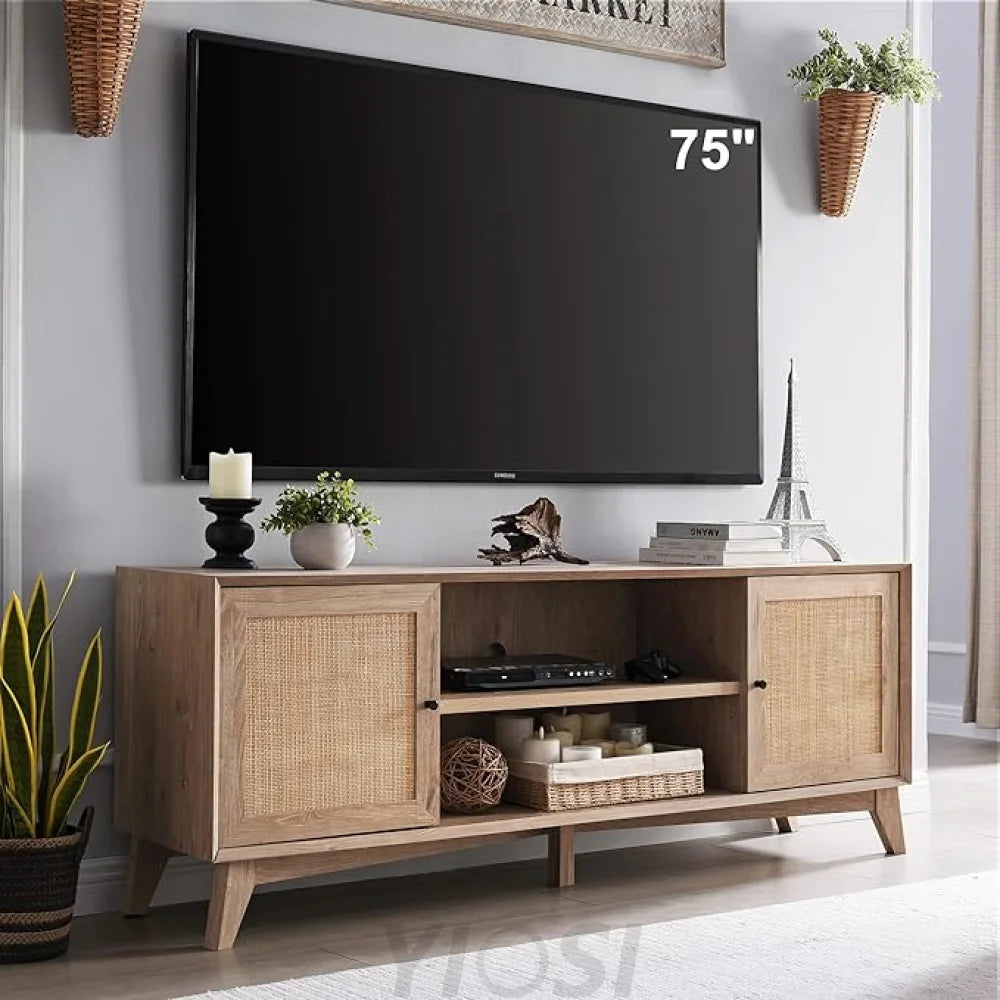 OKD Mid Century Modern TV Stand with Rattan Door for 75+ Inch TV
