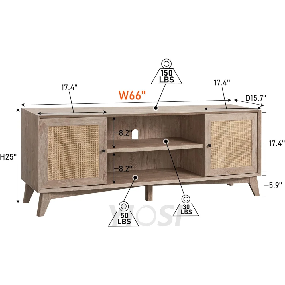 OKD Mid Century Modern TV Stand with Rattan Door for 75+ Inch TV