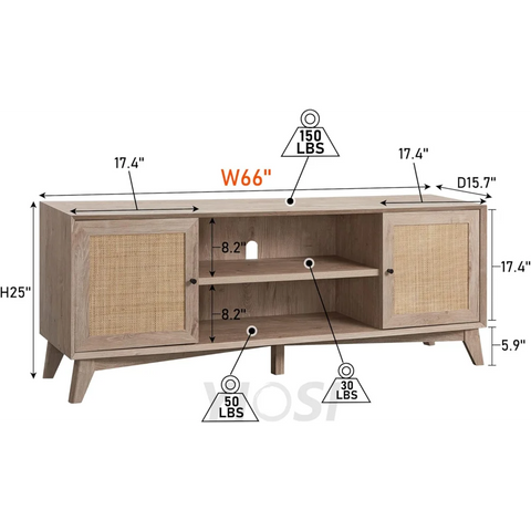OKD Mid Century Modern TV Stand with Rattan Door for 75+ Inch TV