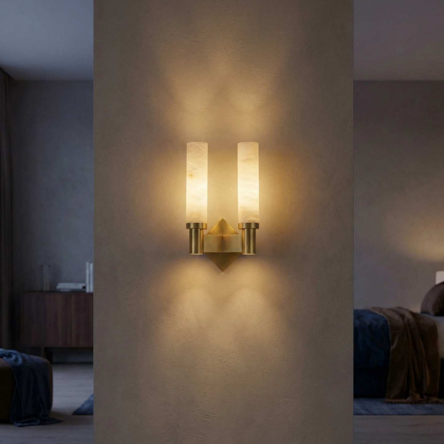 Yiosi Pillar Light Twin Column Alabaster Brass Wall Sconce - Image 2