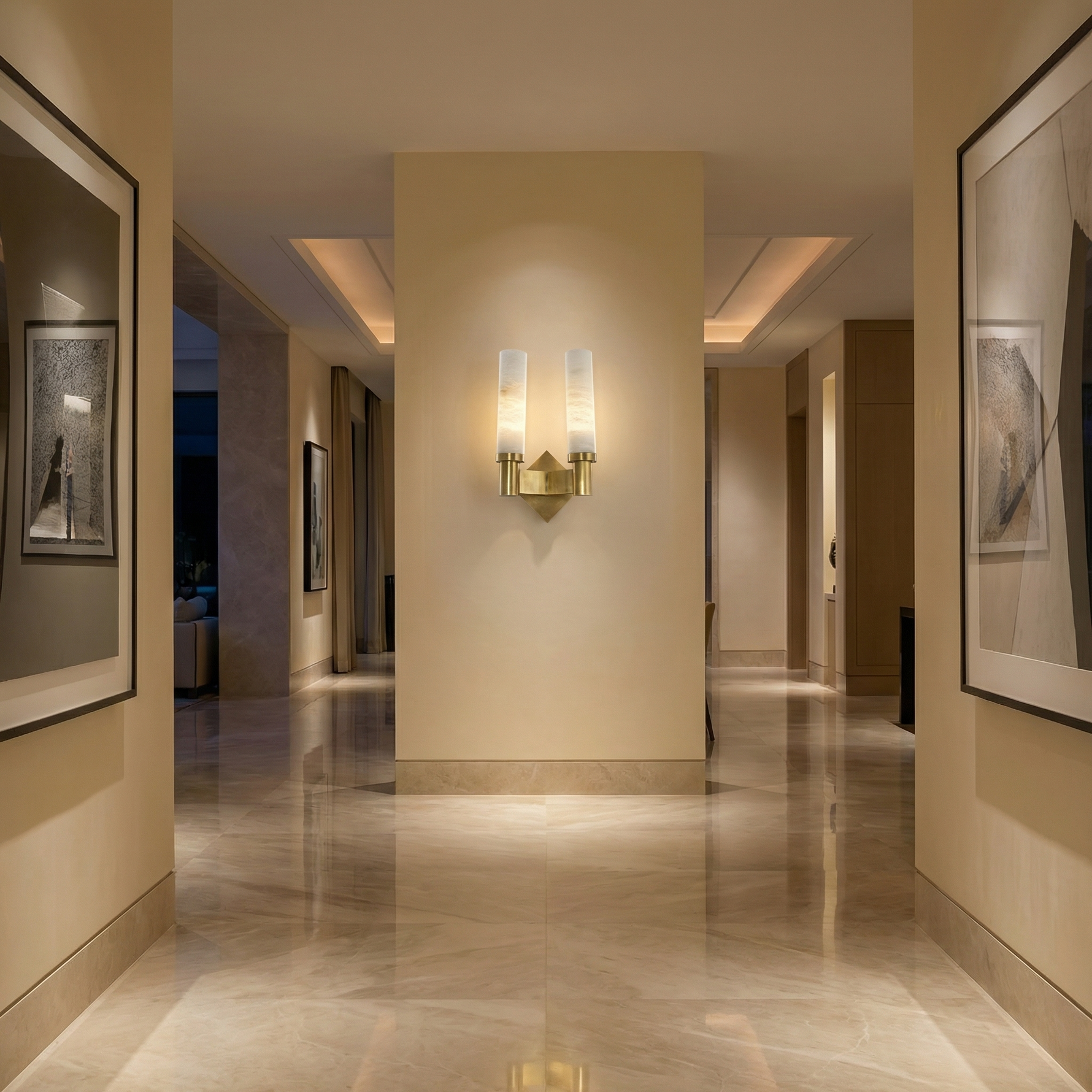Yiosi Pillar Light Twin Column Alabaster Brass Wall Sconce - Image 3