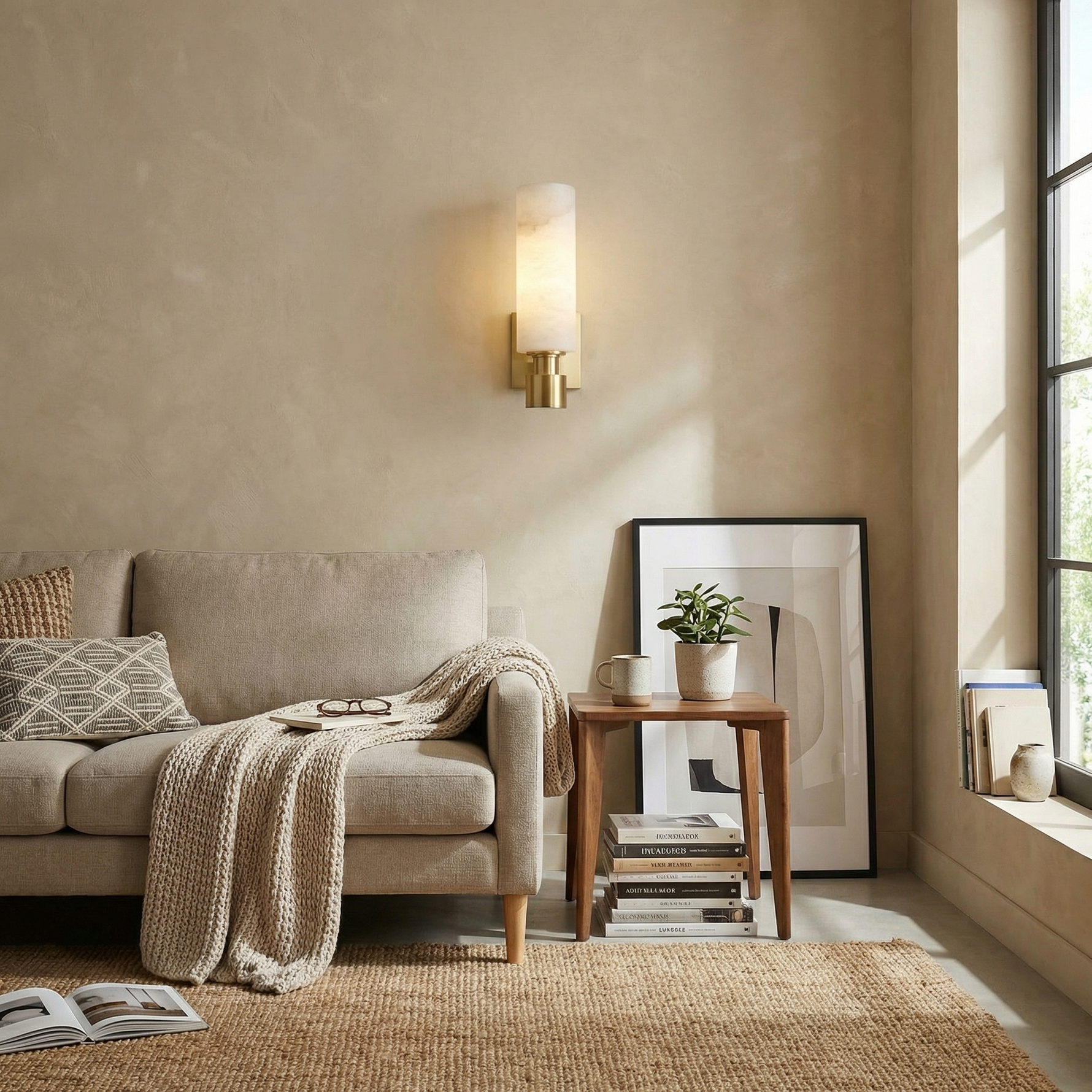 Yiosi Pillar Light Tall Column Alabaster Brass Wall Sconce - Image 5