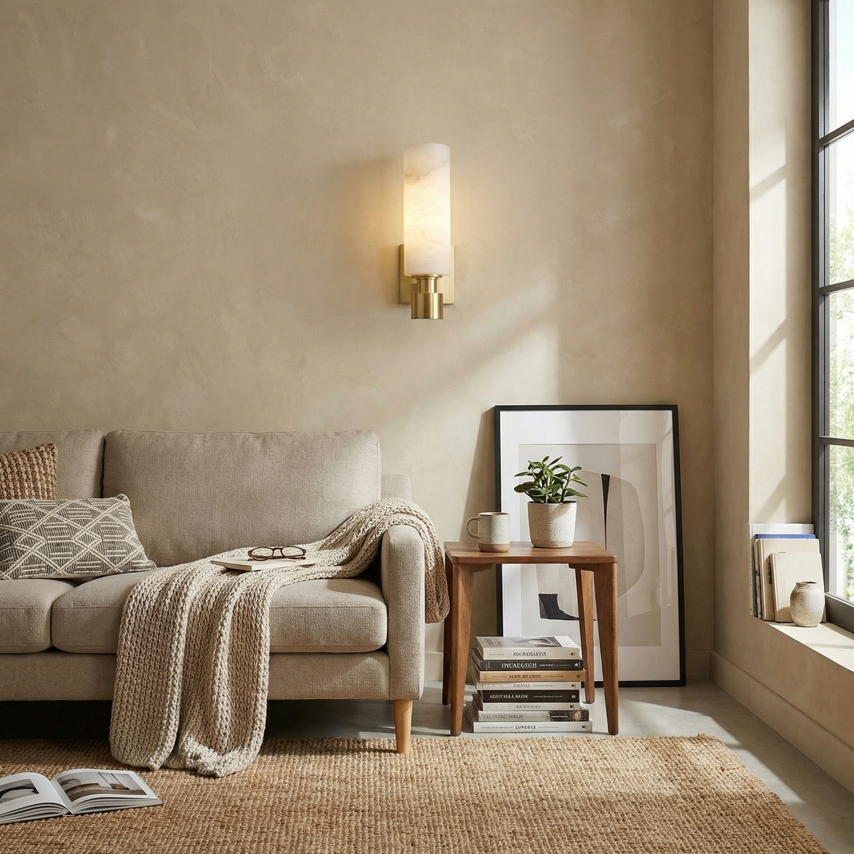 Yiosi Pillar Light Tall Column Alabaster Brass Wall Sconce - Image 5