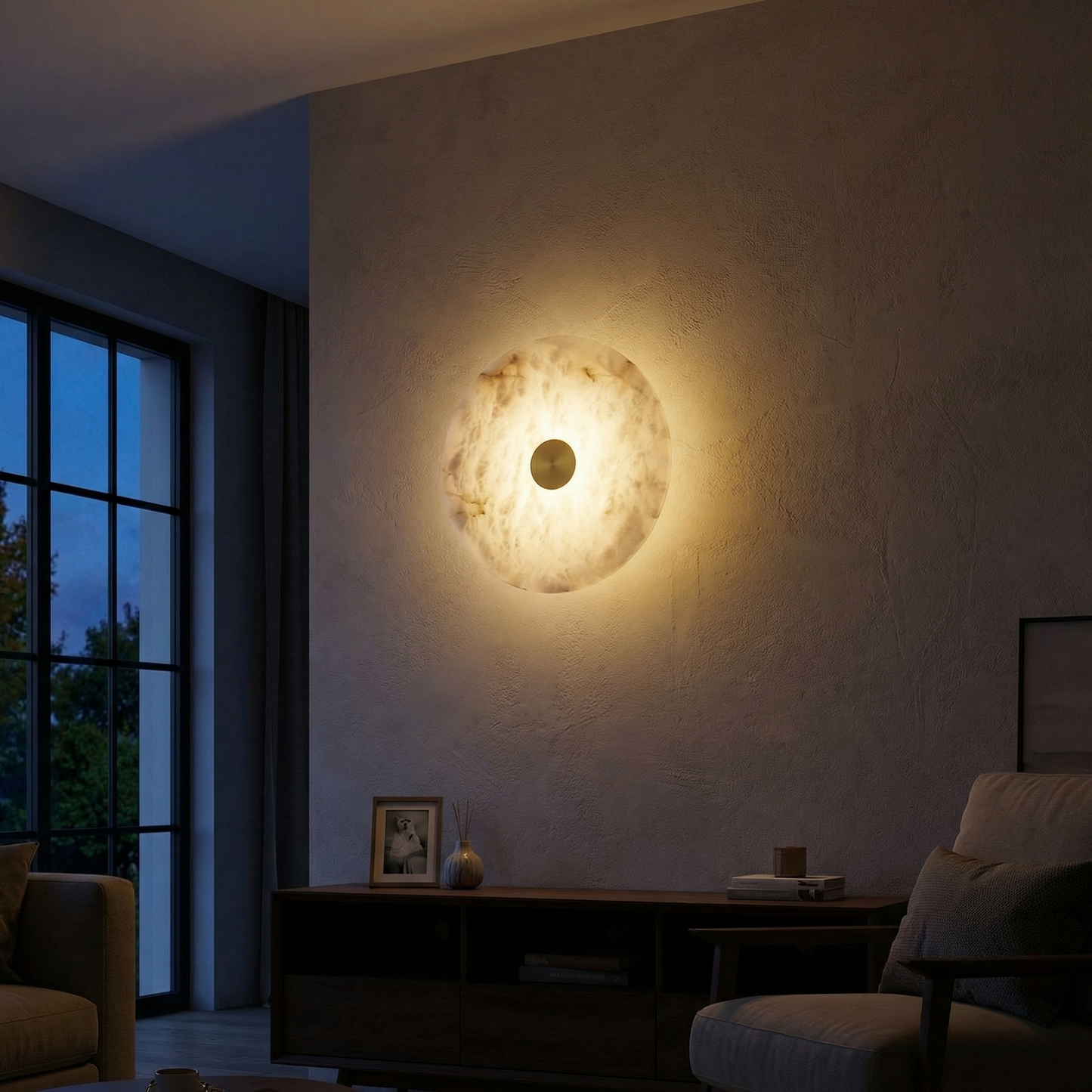 Yiosi Luna Disc Flush Round Alabaster Brass Wall Sconce - Image 2