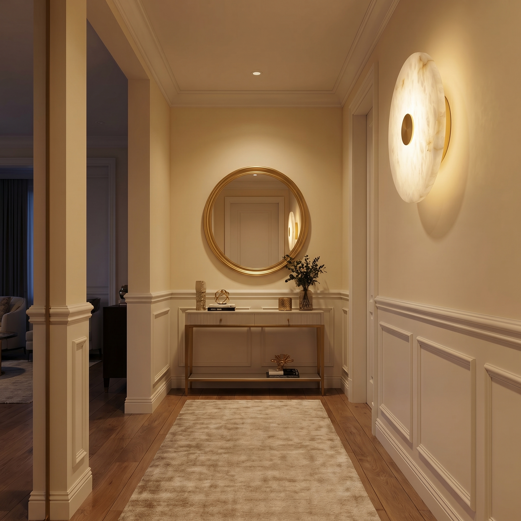 Yiosi Luna Disc Flush Round Alabaster Brass Wall Sconce - Image 3