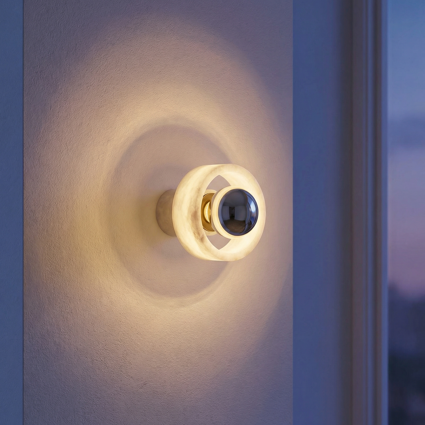 Yiosi Bosco Wood Polished Orb Alabaster Halo Wall Sconce - Image 2