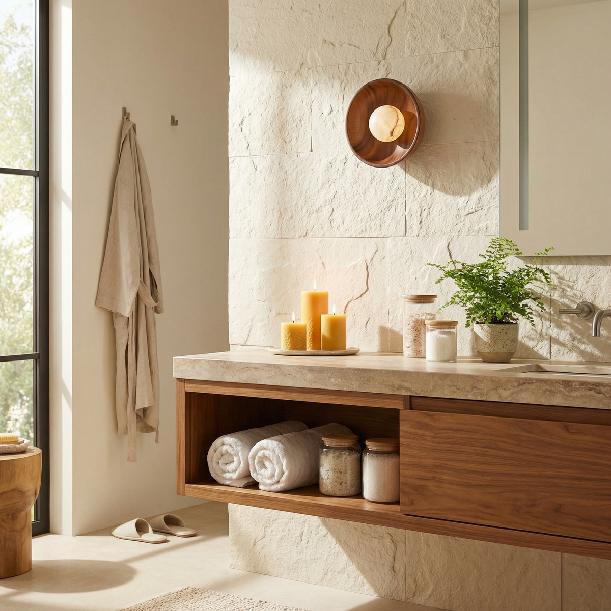 Yiosi Bosco Wood Walnut Disc Alabaster Wall Sconce - Image 5