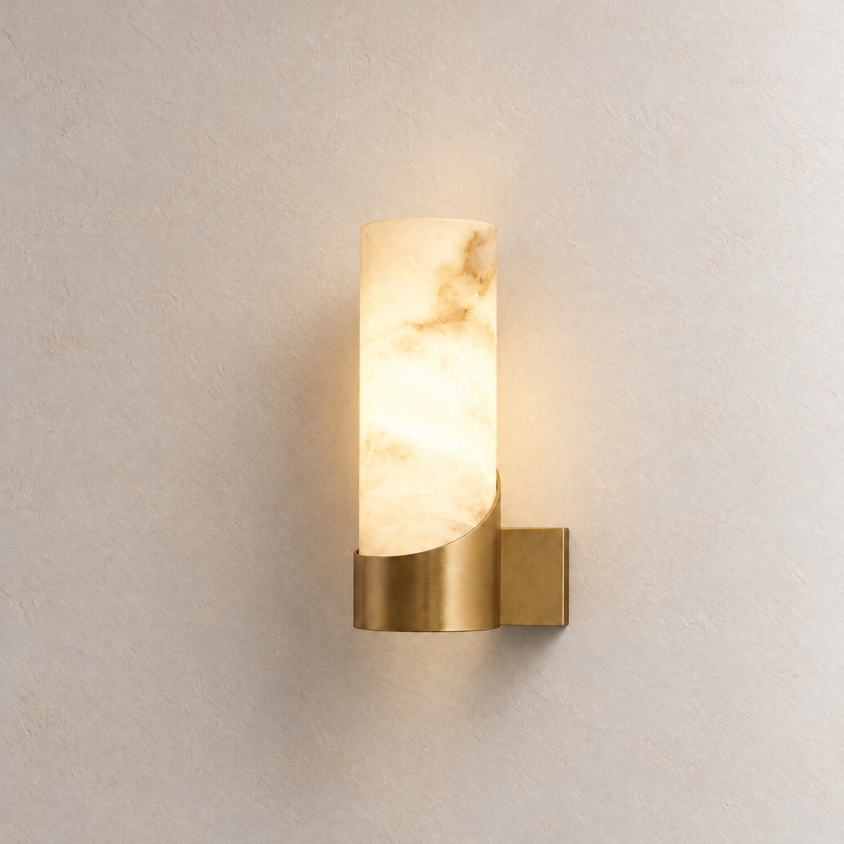 Cylinder Wrap Alabaster Brass Tube Wall Sconce – lights on