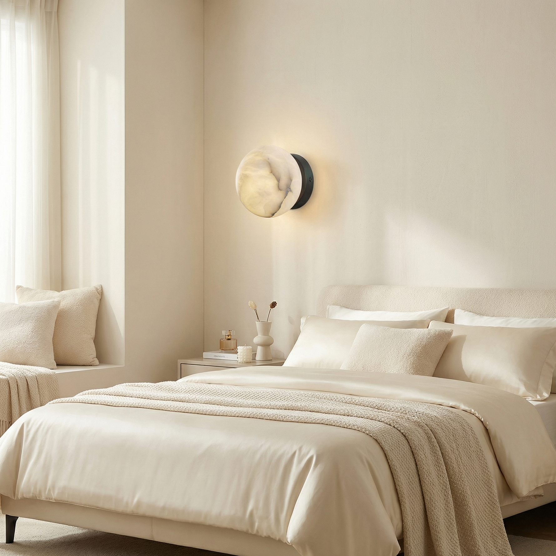 Yiosi Luna Disc Medium Orb Alabaster Black Wall Sconce - Image 4