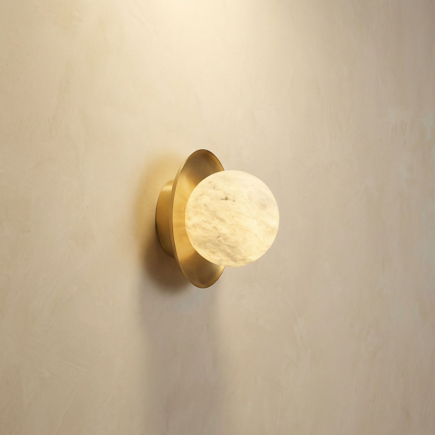 Yiosi Eclipse Orb Curved Brass Disc Alabaster Wall Sconce - Image 1