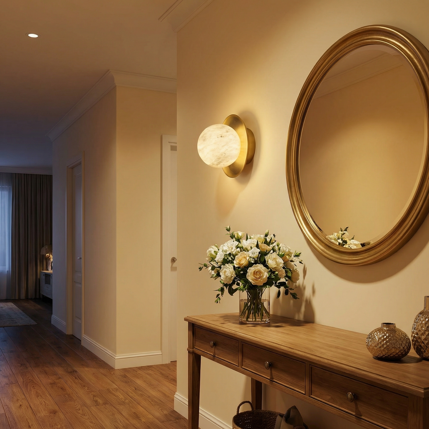 Yiosi Eclipse Orb Curved Brass Disc Alabaster Wall Sconce - Image 3
