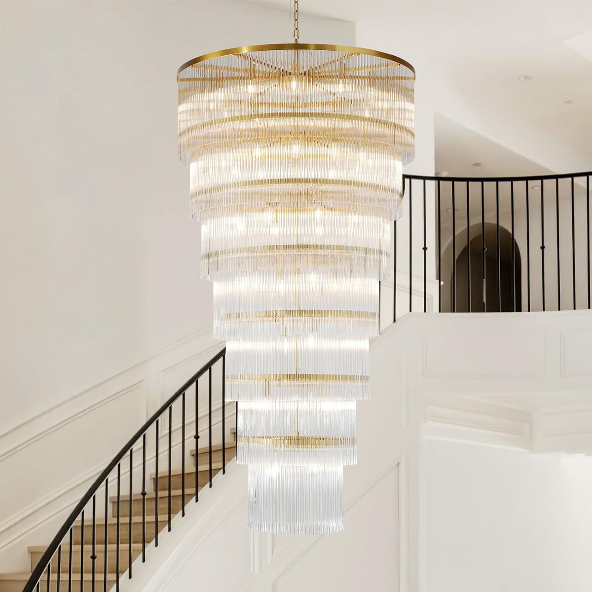 Modern 2-Tier Glass Striped Chandeliers D39’’ / Brass