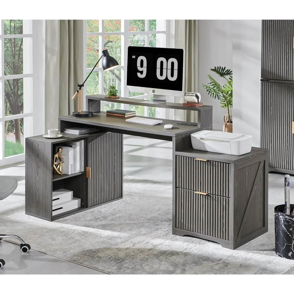 Modern 67" L-Shaped Desk with Storage & Power Outlets