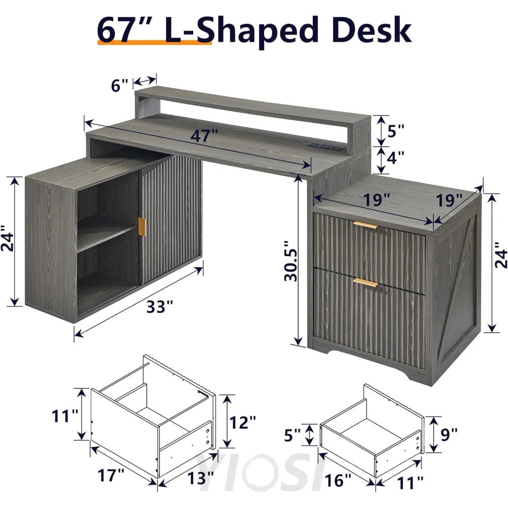 Modern 67" L-Shaped Desk with Storage & Power Outlets