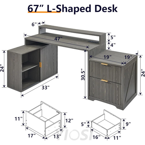 Modern 67" L-Shaped Desk with Storage & Power Outlets