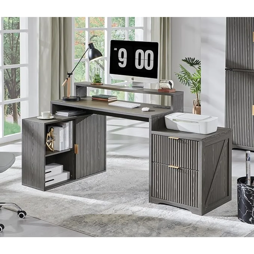 Modern 67" L-Shaped Desk with Storage & Power Outlets