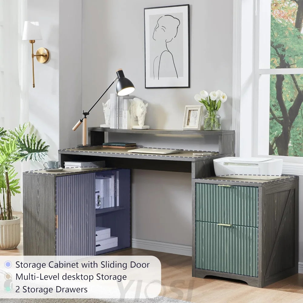 Modern 67" L-Shaped Desk with Storage & Power Outlets