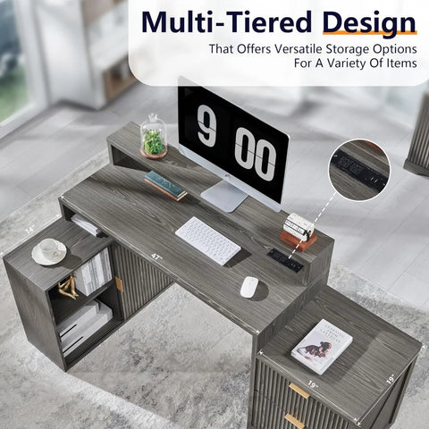 Modern 67" L-Shaped Desk with Storage & Power Outlets